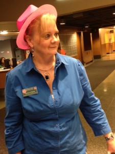 Operations coordinator 1, Tammy Jo Sopocy embraces her silly side on hat day. She looks forward to the upcoming events the MIPA summer program brings to MSU's campus.